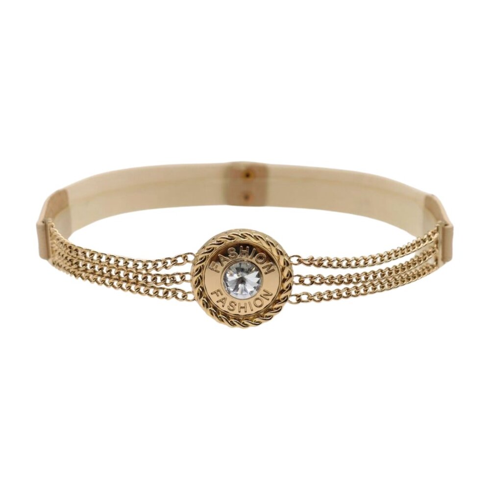 Women Beige Skinny Elastic Waistband Fashion Belt Gold Chain FASHION Charm S M